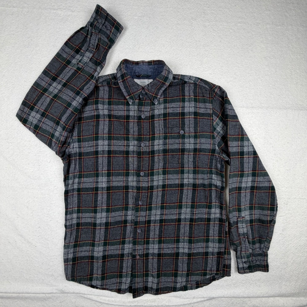 Weatherproof Vintage Mens Medium Gray Green Red Plaid Flannel Button Down Shirt